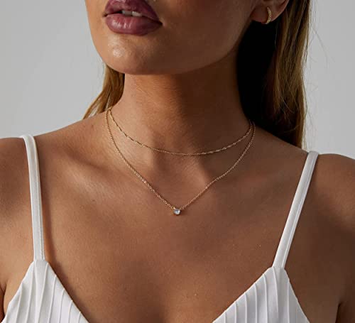 Gold Necklace for Women,Dainty Gold Necklaces 14k Gold Plated Diamond Necklaces Cute CZ Solitaire Choker Necklaces for Women Simple Cubic Zirconia Pendant Necklace Trendy Jewelry Gifts