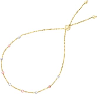Jewelry Affairs Diamond Cut Multi Color Round Bead Station Bolo Friendship Adjustable Bracelet In 14K Gold, 9.25"