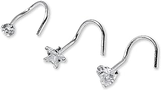 Claire's Nose Rings – Durable Hypoallergenic Sterling Silver Nose Studs for Women – Premium 3-Piece Jewelry for Nose Piercings with Sparkling Gemstones – Heart, Round, and Traditional