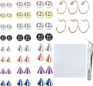 TEN MIRO Fake Eyebrow Ring Fake Lip Labret Studs Replacement Balls Spike with 100Pcs Sticker Non-Piercing Nose Rings Hoop Body Jewelry Fake Skin Piercing 3MM 4MM 5MM