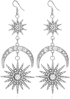 Women's Golden Boho Rhinestone Drop Earrings - Vintage Sun, Moon, Stars Design with Cubic Zirconia Accents and Push-Back Closure