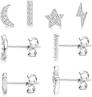Gokeey 5 Pair Sterling Silver Stud Earrings Set for Women, 14K Gold Plated Hypoallergenic Cubic Zirconia Bar, Moon, Lighting, Star, Ball Earring Studs, Dainty Tiny Multiple Piercing Cartilage Earrings for Girls Men Jewelry Gifts