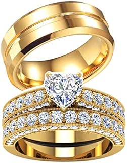 TWO RINGS His Hers Wedding Ring Sets Couples Rings Women's 10k Yellow Gold Plated White heart CZ Wedding Engagement Ring Bridal Sets & Men's Titanium Wedding Band