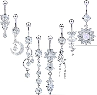 Vsnnsns 14G Belly Button Rings Belly Rings for Women Stainless Steel CZ Opal Dangle Belly Button Piercing Jewelry Belly Rings Bars Curved Navel Ring Barbell Body Jewelry Piercing for Women Men 11Pcs