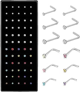 1 Box 60pcs Surgical Stainless Steel Nose Studs, Hypoallergenic Body Piercing Jewelry for Women Men, 1.5/2/2.5mm White and Multicolor Crystal Size of Nose Rings Studs, Ideal Gift with Cute Pack