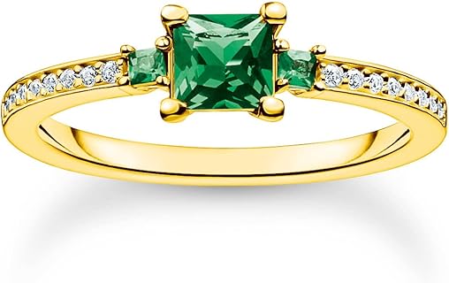 THOMAS SABO Bague Émeraude en Argent Sterling 925, Plaqué Or Jaune 750 avec Pierres Vertes et Blanches. Taille 48, Design Unique et Tendance, Parfait pour Femmes de Tous Âges
