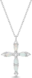 Rhodium Plated Sterling Silver Teardrop Laboratory Created Opal and CZ Cross Pendant Necklace on 18 Inch Cable Chain Necklace for Women