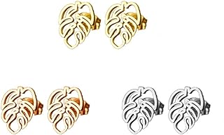 3Pairs Elegant Monstera Leaf Stud Earrings in Stainless Steel with Lever Back Design