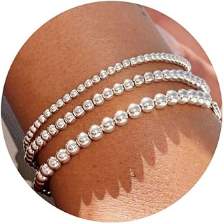 Gold/Silver Beaded Bracelets for Women Trendy, 14K Gold/Silver Bead Bracelet Stack Small Cute Beaded Bracelet Set Stackable Stretch Ball Chain Beads Bracelet Waterproof Jewelry for Teen Girls Gift