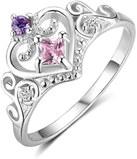 925 Sterling Silver Heart Shaped Princess Crown Ring with Pink Cubic Zirconia for Women, Wedding Engagement Promise Rings Set for Her