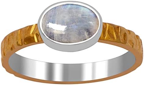 Two-Tone Oval Bezel Set Rainbow Moonstone Engagement Ring in 925 Sterling Silver and 18K Gold, Size 5, Perfect for Future Fiancées, Rich Hammered Design