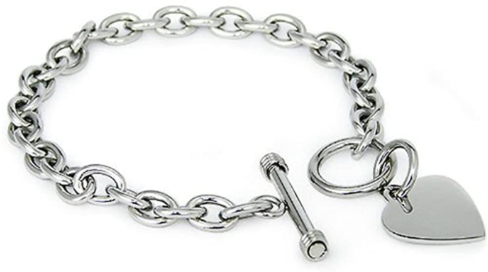 Crazy2Shop Stainless Steel Trendy Cable Chain Bracelet with Heart Charm and Toggle Clasp Closure, High Polished Finished, 7.5"