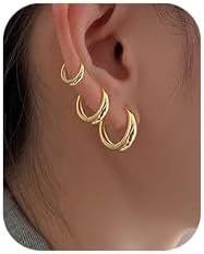 PANSHI 14K Gold Plated Chunky Small Hoop Earrings | Sterling Silver Post Huggie Earrings for Women