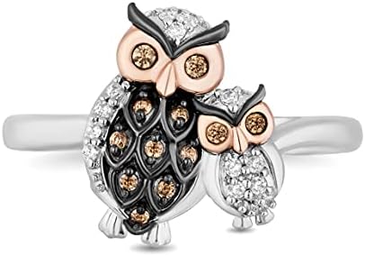 Sterling Silver and 14K Rose Gold Owl Engagement Ring with Champagne and White Round Diamonds for Women - Mother and Baby Owl Design