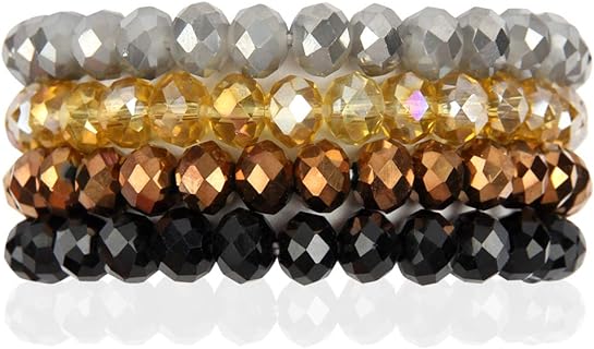 RIAH FASHION Bohemian Multi-Layer Beaded Stacking Bracelet - Versatile Stretch Strand Statement Wrap Slip-on Cuff Bangle Shiny Crystal Bead Metallic, USA Flag, Rainbow Pride