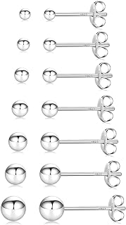 Push-Back White Gold Plated Sterling Silver Stud Earrings, Fcebsty Deluxe Set, 7 Pairs of Timeless Ball Design Earrings for Women, 2-8mm Size Range