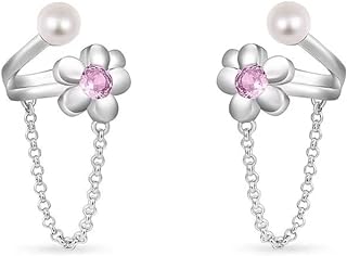 Clip-On Cubic Zirconia Cartilage Earrings with Floral Chain Drop for Women - Delicate Sterling Silver Flower Pearl Tassel Ear Cuffs in Cuff Design