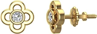 Screw Back Diamond Flower Stud Earrings in 10K Yellow Gold for Women, Girls, Teens - USA Origin