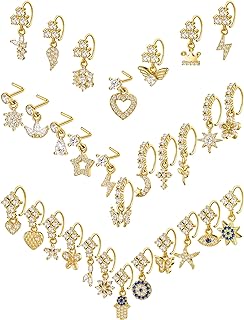 Sureio 30 Pcs 20g Dangle Nose Ring Studs for Women L Shaped Dangling Nose Stud Hoop Nose Piercings Jewelry Cute Nose Rings Hoops with Charm for Girls