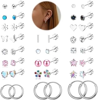 FUNRUN JEWELRY Mini Stainless Steel Stud Earrings Collection - Hypoallergenic Push Back 21-Pairs Set with Diverse Hoop Designs - Unisex Piercing Jewelry