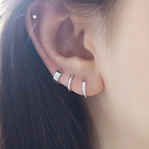 3 Pairs Small Cartilage Hoop Earrings for Women Men, Hypoallergenic Sterling Silver Post Huggie Earrings, 8/10/12mm