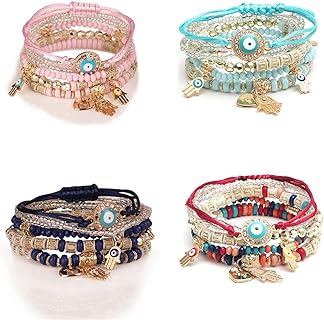 Pingyongchang Evil Eye Bracelets Pack Crystal Bohemian Bracelet Set of 4 Beaded Mexican Bracelets Pack Mixed Hamsa Protection Stretch Bracelets Jewelry for Women Teen Girls