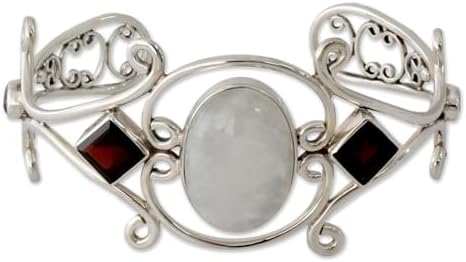 Handcrafted .925 Sterling Silver Amethyst and Garnet Cuff Bracelet from India - NOVICA Unique Artisan Jewelry, No-clasp-for-easy-wear, 6.5in L x 1.3in W, 'Grace'