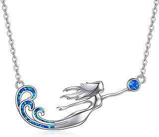 925 Sterling Silver Mermaid Pendant Necklace with Bar Chain and Opal Gemstone for Women and Girls