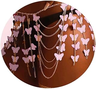Wosois Tassel Waist Chain Pink Butterfly Layered Sequin Body Chain Sexy Rave Festival Party Beach Clubwear Body Accessories Jewelry for Women and Girls
