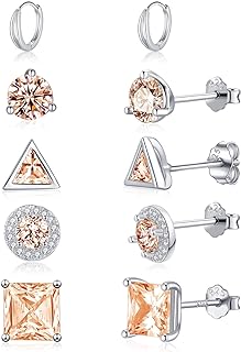 Snap-Back Clasp 925 Sterling Silver, Rose Stud Earrings, White Gold Plated with Round Cubic Zirconia Gems, Elegant Design for Men & Women, Set of 5
