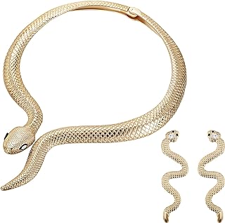 Fumete Gold Snake Choker Necklace and Snake Studs Earrings Set Snake Earrings for Woman Snake Jewelry Costume Set Costume Statement Snake Shape Collar Necklace Halloween Accessories