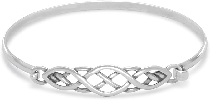 Sterling Silver S-Hook Clasp Celtic Trinity Knot Cuff Bangle for Women, Stackable Antiqued Trinity Knot Design Bracelet