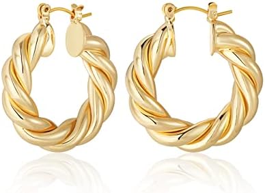 Gold Chunky Hoop Earrings for Women, 18K Gold Plated Hypoallergenic Twisted Thick Roop Round Earrings Lightweight Jewelry Gifts for Girls