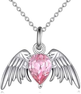 Sterling Silver Angel Wing Locket Necklace with Cable Chain and Topaz Gem in Heart-Shaped Design for Women
