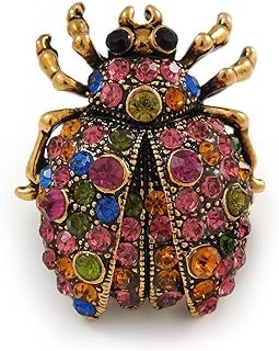 Vintage Inspired Multicoloured Crystal Ladybug Brooch In Antique Gold Tone - 32mm Tall