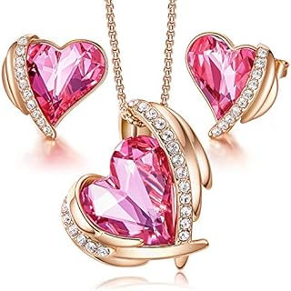 Deep Pink Austrian Crystal Heart Necklace and Earring Set in 18K Rose Gold Plating for Women, Secure Lobster Claw Clasp - Ideal Valentine's Day/Mother's Day/Anniversary/Birthday Gift