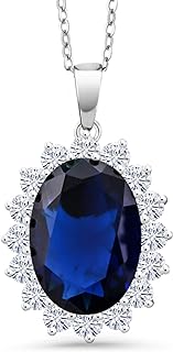 Gem Stone King 925 Sterling Silver Blue Simulated Sapphire Pendant Necklace For Women | 13.00 Cttw | Oval 13X18MM | with 18 Inch Silver Chain