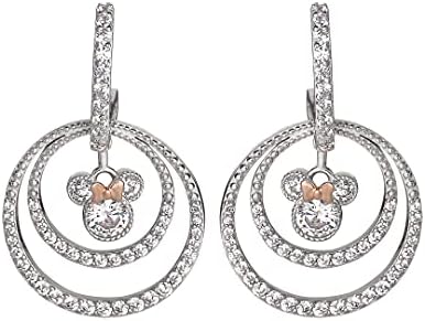Disney Minnie Mouse Jewelry, Double Hoop Cubic Zirconia Dangle Earrings, Two Tone, Sterling Silver
