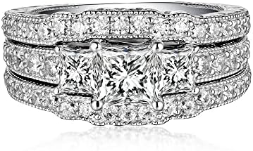 Moissanite Princess Cut Stacked Wedding Ring Set in 10K/14K/18K White Gold for Her, 2.8Ctw 3-piece Bridal Engagement & Promise Rings