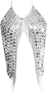 Women's body chain sexy tassel Sequin bra jewelry sling body chain wedding Halloween Costume Top Party Beach jewelry golden (golden-3606) (golden-3606)