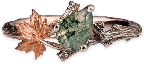 Nature Green Moss Agate Engagement Ring 925 Sterling Silver Gold Plated Handmade Ring