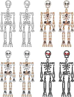 Inbagi 4 Pairs Halloween Skeleton Skull Earrings Jewelry Rhinestone Crystal Gothic Bling Skeleton Dangle Earrings for Women Girls Halloween Theme Costume