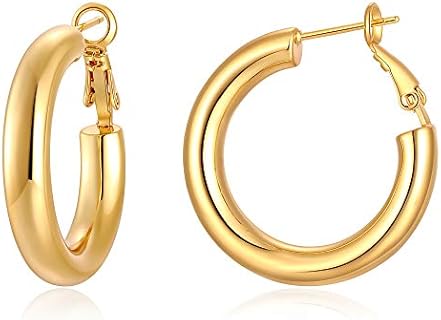 14k Gold-Plated Stainless Steel Chunky Hoop Earrings with Hinged Hoop Back Finding for Women, Hypoallergenic Minimalist Jewelry Gift