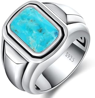 Sterling Silver Signet Ring with Emerald Cut Turquoise Gem for Men, Ideal Gift for Father or Grandpa, With Black Onyx and Moss Agate Inlay, Size 8-11