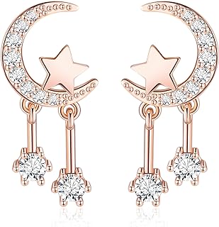 18K Gold-Plated Non-Piercing Moon Star Clip-On Earrings with Dainty Cubic Zirconia Tassel for Women and Girls