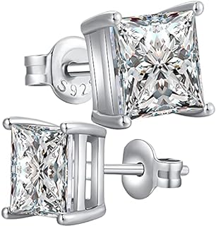 18K White Gold Plated Square Diamond Stud Earrings with Push Back for Men & Women, Hypoallergenic Sterling Silver Cubic Zirconia Design