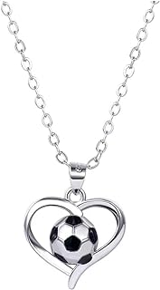 3D Soccer-Heart Pendant Cable Chain Necklace with Ball Clasp for Women and Girls, Stainless Steel, No Gemstone - Football Theme Jewelry Design