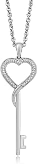 Pave Diamond Heart Key Pendant Necklace in Sterling Silver with Rolo Chain and Lobster-claw Clasp for Women