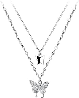 Tatibana Sterling Silver Butterfly Necklace, Vintage Layered Crystal Necklace for Women & Teen Girls, 925 Silver Choker with Double Butterfly Pendant