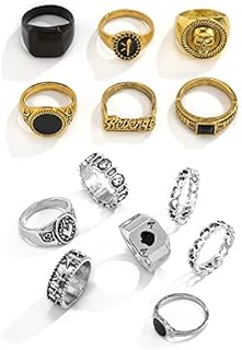 Vintage Gold Silver Punk Rings for Men Women Girls,Cool Gothic Ring Set,Chunky Stackable Joint Knuckle Rings,Retro Skull Ace Malachite Rings